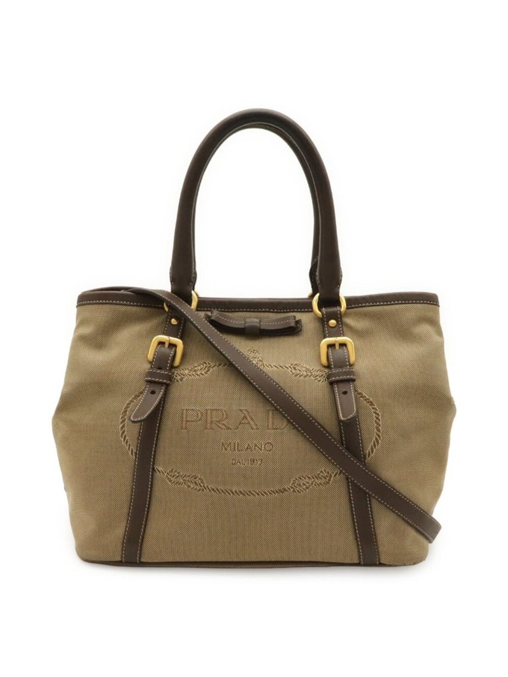 Prada Logo Jacquard Ribbon Tote 2-Way Shoulder Bag Canvas Khaki Beige Mocha